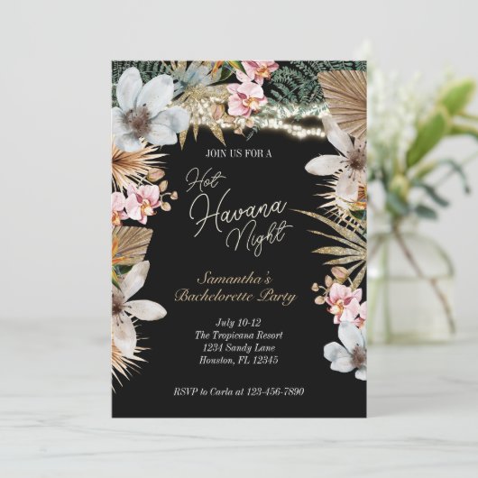 Hot Havana Nights Tropical Cuban Bachelorette Einladung (Stehend Vorderseite)
