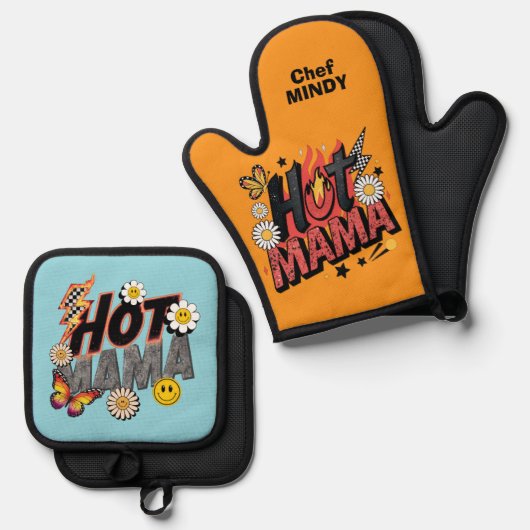 Hot Mama Personalisiert Oven Mitt & Pot Holder Set (Vorderseite/Rückseite)