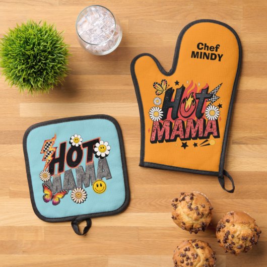 Hot Mama Personalisiert Oven Mitt & Pot Holder Set (Oben Unten)