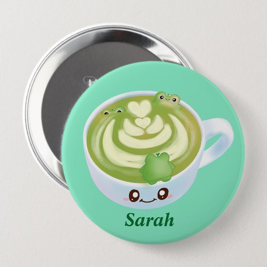Hot Matcha Green Tee Latte mit Niedlichen Fröschen Button (Vorne & Hinten)