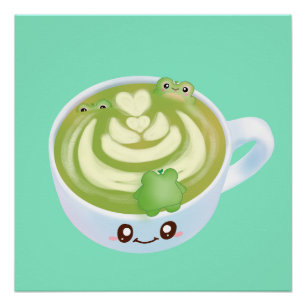 Hot Matcha Green Tee Latte mit Niedlichen Fröschen Poster