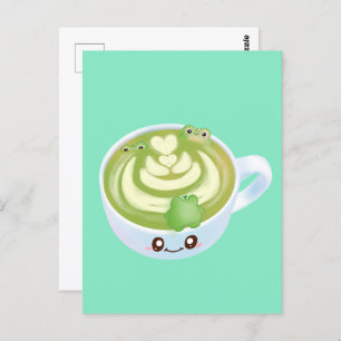 Hot Matcha Green Tee Latte mit Niedlichen Fröschen Postkarte