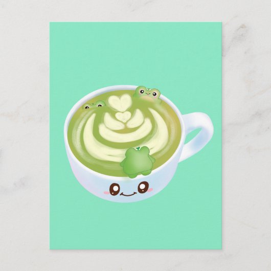 Hot Matcha Green Tee Latte mit Niedlichen Fröschen Postkarte (Vorderseite)