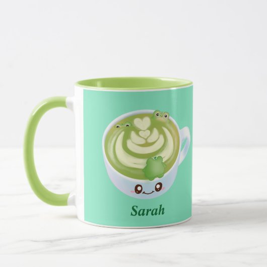 Hot Matcha Green Tee Latte mit Niedlichen Fröschen Tasse (Links)