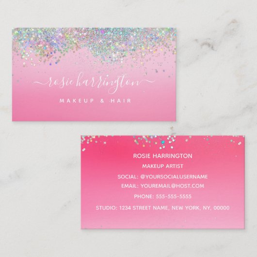 Hot Neon Pink Holographic Glitzer Makeup Artist Visitenkarte (Vorne/Hinten)