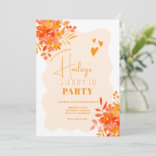 Hot orange Wavy Rahmen boho blumensüß 16 Einladung (Stehend Vorderseite)