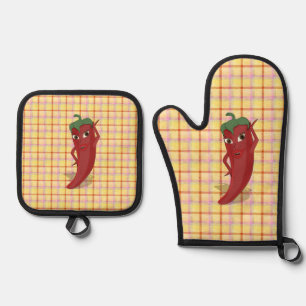 Hot Pepper Diva Gezeichnet kundenspezifisch Karier Ofenhandschuh & Topflappen-Set