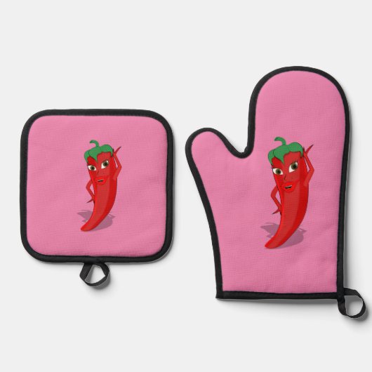 Hot Pepper Diva Zeichne benutzerdefiniert rosa Ofenhandschuh & Topflappen-Set (Vorderseite)