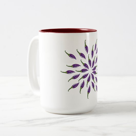Hot Peppers Purple Mandala Zweifarbige Tasse (Vorderseite Links)