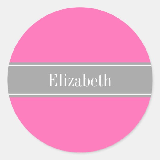 Hot Pink #2, Dark Gray Ribbon Name Monogram Runder Aufkleber (Vorderseite)