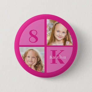Hot Pink 2 Foto Personalisiert Geburtstags-Girl-Pa Button