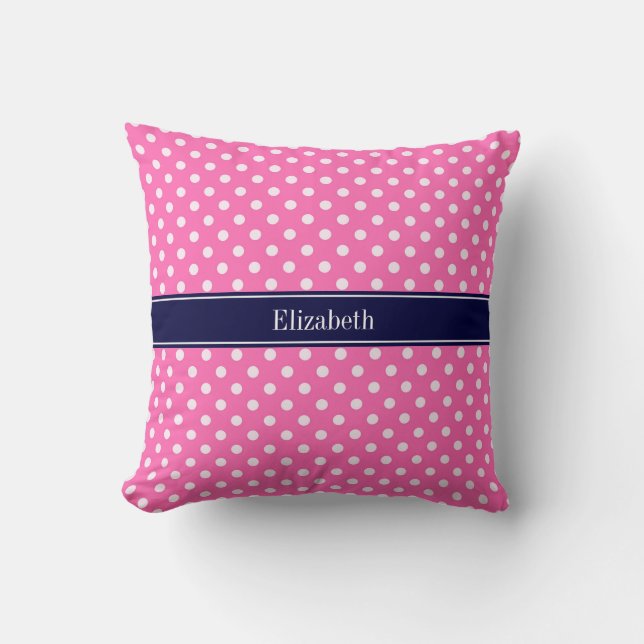 Hot Pink #2 Was Polka Dots Navy Blue Name Monogram Kissen (Vorderseite)