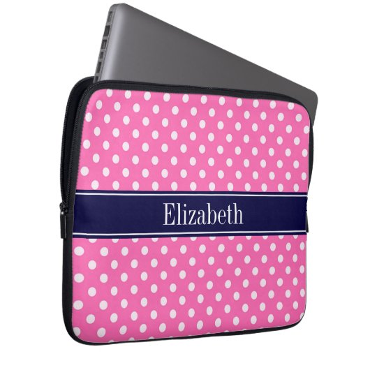 Hot Pink #2 Was Polka Dots Navy Blue Name Monogram Laptopschutzhülle (Vorne Rechts)