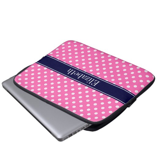 Hot Pink #2 Was Polka Dots Navy Blue Name Monogram Laptopschutzhülle (Vorne Knopf)