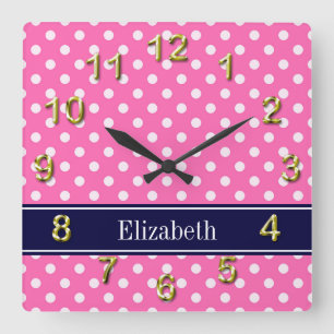 Hot Pink #2 Wht Polka Dots Navy Blue Name Monogram Quadratische Wanduhr