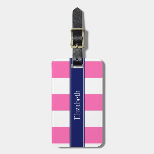 Hot Pink #2 XL Streifen, Navy 5c Name Monogram Gepäckanhänger (Vorderseite vertikal)