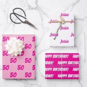 HOT PINK 50. Happy Geburtstag Individuelle Name Geschenkpapier Set