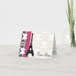 HOT PINK AND BLACK DAMASK EIFFEL TOWER THANK YOU DANKESKARTE