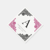Hot Pink and Black Floral Lace Monogram Wedding Serviette (Ecke)