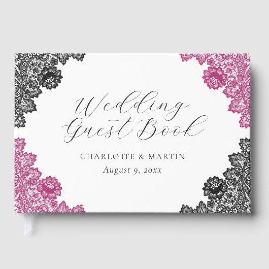 Hot Pink and Black Floral Lace Wedding Gästebuch (Vorderseite)