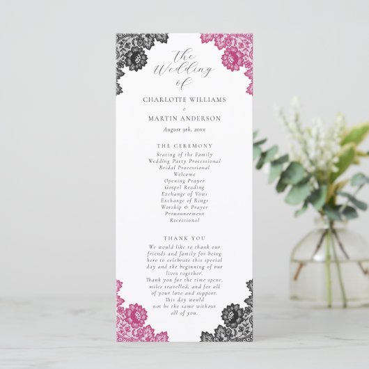 Hot Pink and Black Floral Lace Wedding Programm (Stehend Vorderseite)