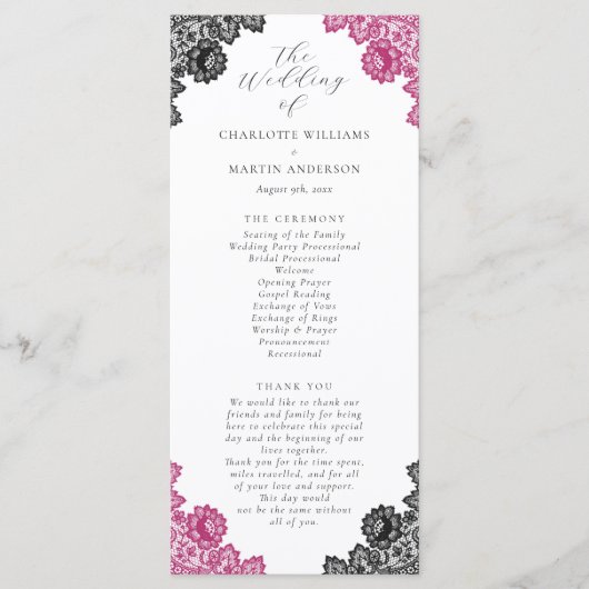 Hot Pink and Black Floral Lace Wedding Programm (Vorderseite)