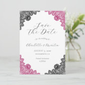 Hot Pink and Black Floral Lace Wedding Save The Date (Stehend Vorderseite)