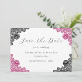 Hot Pink and Black Floral Lace Wedding Save The Date (Stehend Vorderseite)