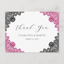 Hot Pink and Black Floral Lace Wedding Thank You Postkarte
