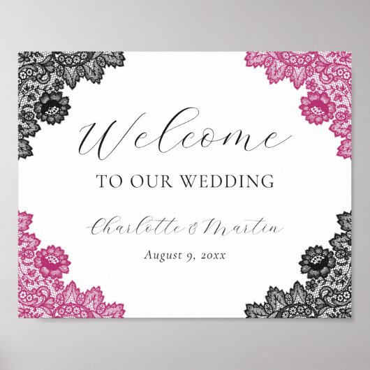Hot Pink and Black Wedding Welcome Sign Poster (Vorne)