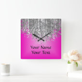 Hot pink and faux glitter quadratische wanduhr (Zuhause)