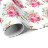 Hot Pink and Gold Elegant Flowers Geschenkpapier (Rolleneckpunkt)