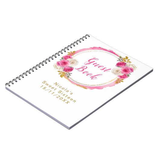Hot Pink and Gold Elegant Flowers Sweet Sixteen Notizblock (Linke Seite)