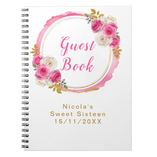 Hot Pink and Gold Elegant Flowers Sweet Sixteen Notizblock (Vorderseite)