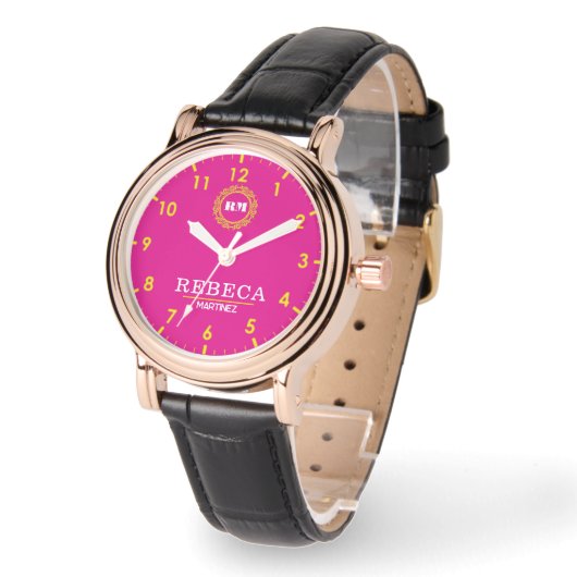 Hot Pink and Gold Personalized Custom Monogram  Armbanduhr (Winkel)