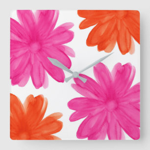 Hot Pink and Orange Watercolor Flowers Quadratische Wanduhr