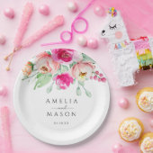 Hot Pink and Peach Watercolor Flowers Wedding Pappteller (Party)