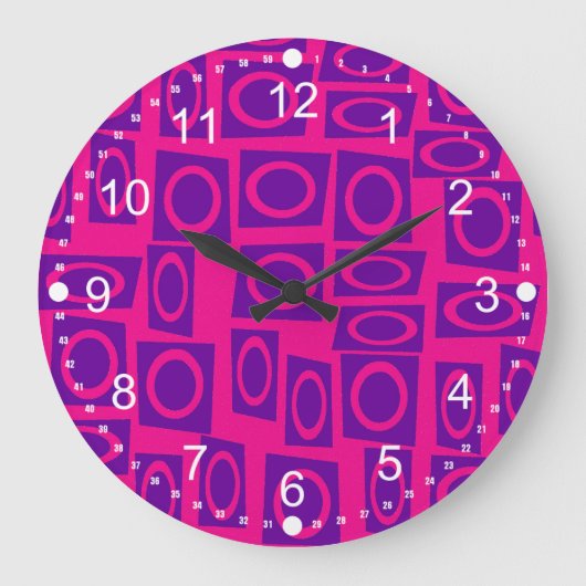 Hot Pink and Purple Fun Circle Square Pattern Große Wanduhr (Vorderseite)