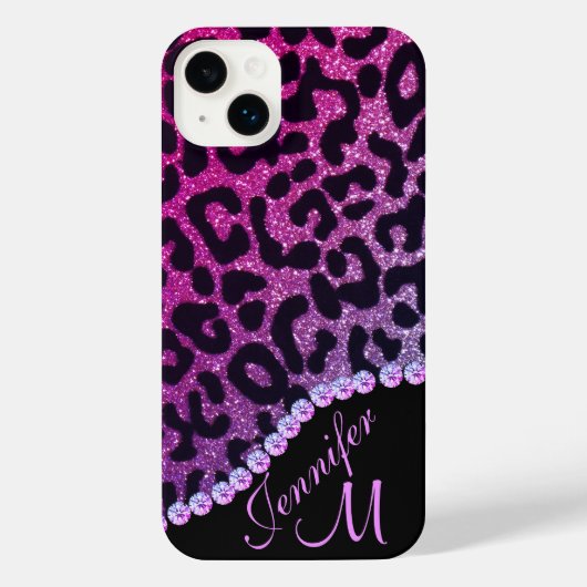 Hot Pink and Rhinestone Leopard Glitter Monogram iPhone Hülle (Rückseite)