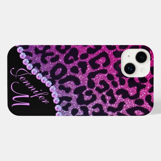 Hot Pink and Rhinestone Leopard Glitter Monogram iPhone Hülle (Rückseite (Horizontal))