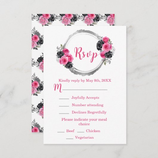 Hot Pink and Silver Elegant Flowers Sweet Sixteen RSVP Karte (Vorne/Hinten)