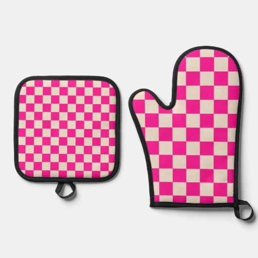 Hot pink and tan checkerboard pattern ofenhandschuh & Topflappen-Set (Vorderseite)