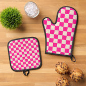 Hot pink and tan checkerboard pattern ofenhandschuh & Topflappen-Set (Oben Unten)