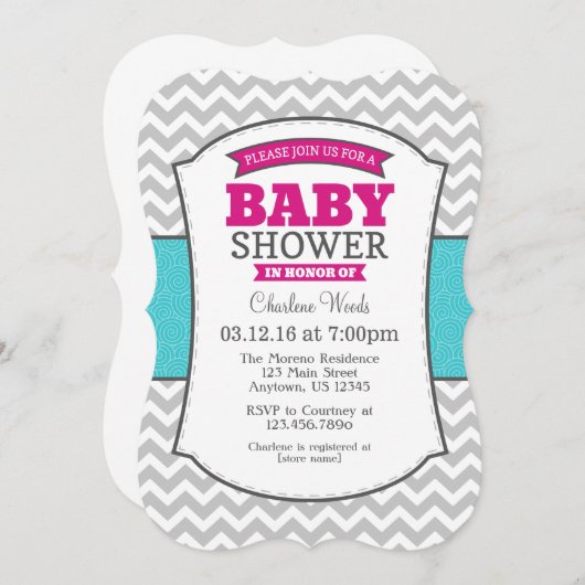 Hot Pink Aquamarin Gray Zickzack Baby Dusche Einla Einladung (Vorne/Hinten)