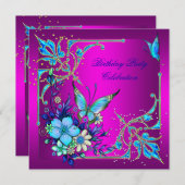 Hot Pink Aquamarin Royal Blue Butterfly Geburtstag Einladung (Vorne/Hinten)
