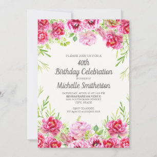 Hot Pink Aquarell Blumengrün 40. Geburtstag Einladung
