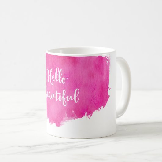 Hot Pink Aquarell Paint Spritzer Hallo Beautiful Kaffeetasse (VorderseiteRechts)