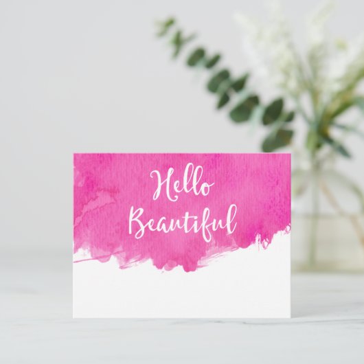 Hot Pink Aquarell Paint Spritzer Hallo Beautiful Postkarte (Stehend Vorderseite)
