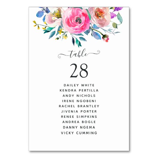 Hot-Pink-Aquarellblume Tischnummer (Vorderseite)