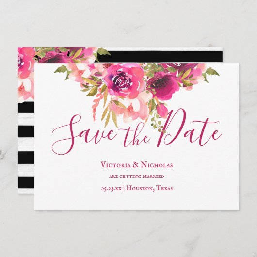 Hot Pink Aquarellfarbe Save the Date Blütenfarbe Einladung (Vorne/Hinten)